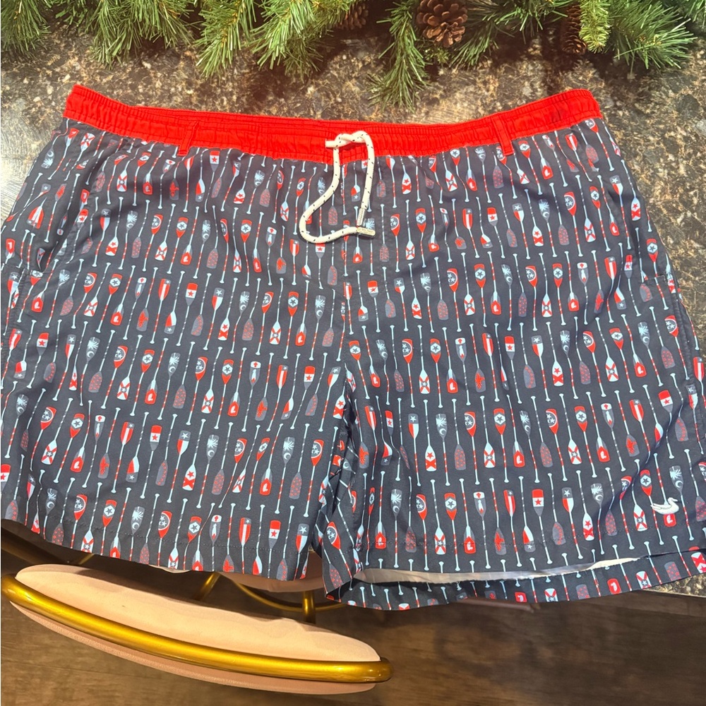 Southern Marsh Navy and Red Paddle Print Swim Trunks